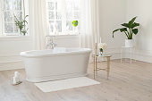 istock White modern bathroom with silver fittings with large sunny windows, decorations and plants. Interior design concept. Soft selective focus. 1370690408