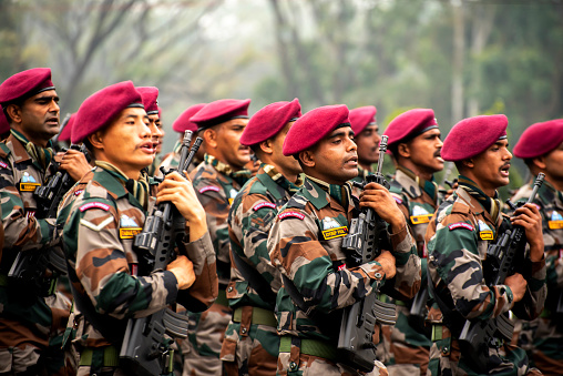 Calcutta, India - January 24, 2022: Indian army practice their parade during republic day. The ceremony is done by Indian army every year to salute national flag in 26th January.