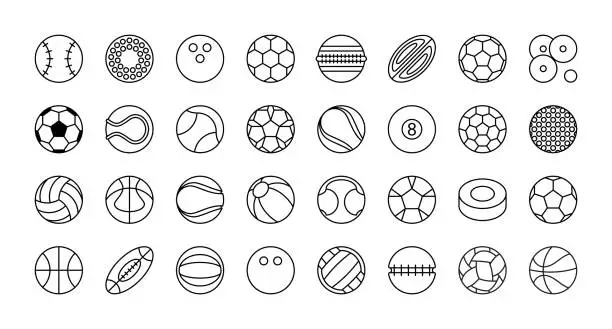 Vector illustration of Sports balls of all kinds. Set of vector icons. Football, soccer, tennis, golf, bowling, basketball, hockey, volleyball, rugby, billiards, baseball, ping pong.