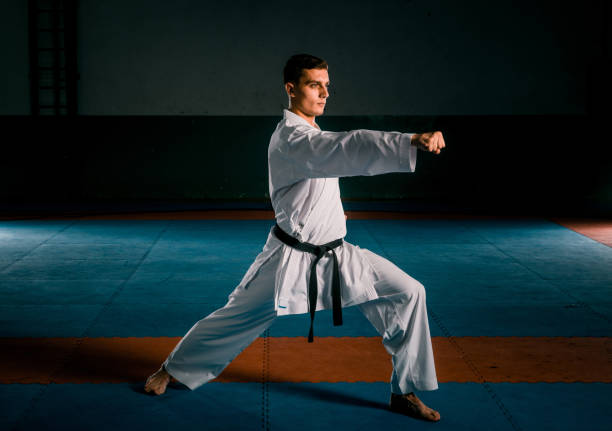 istock Young black belt fighter training karate in gym 1370691874