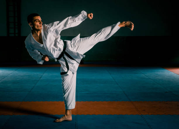 istock The man in a kimono practicing karate moves 1370691889