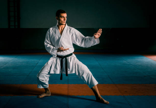 istock Martial arts master on fight training in gym 1370691896