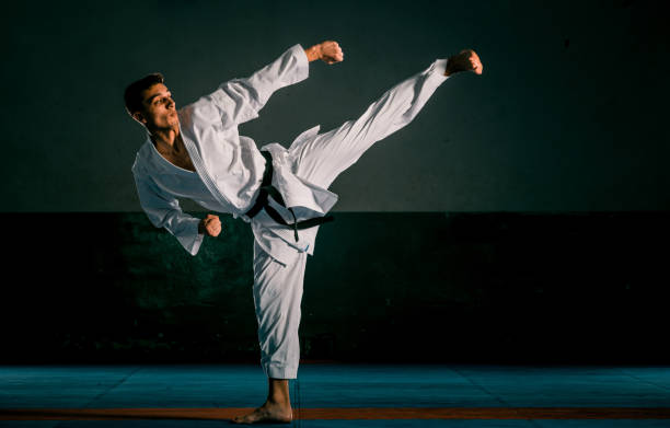 istock Martial arts master on fight training in gym 1370691915