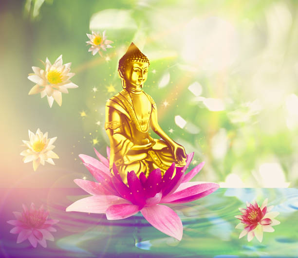 istock Buddha figure with lotus flowers on water 1370692479