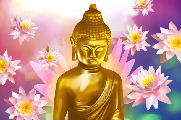 istock Buddha figure surrounded by lotus flowers on bright background 1370692481