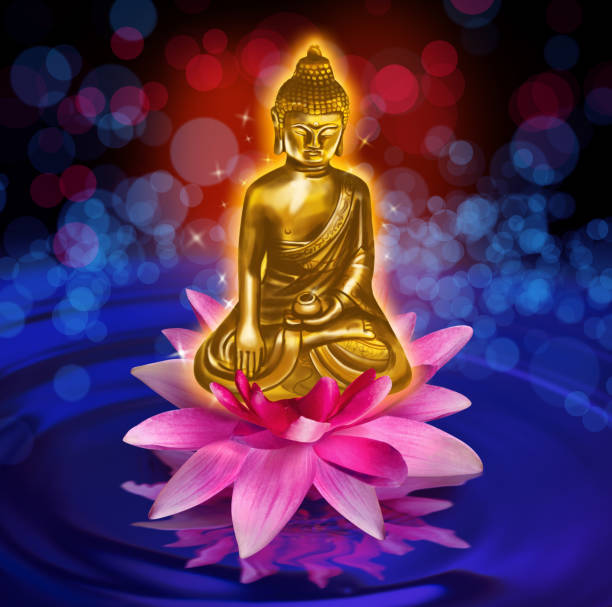 istock Buddha figure in lotus flower on water, bokeh effect 1370692483