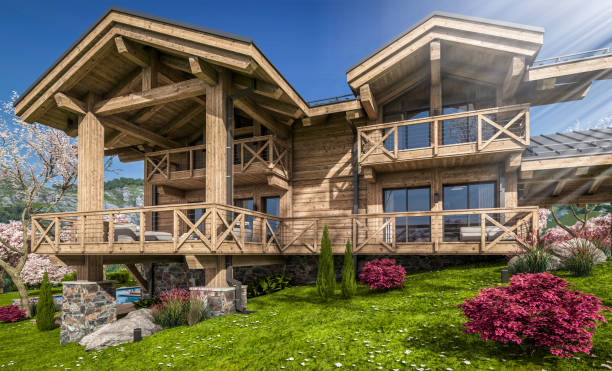 istock 3d rendering of modern cozy chalet in spring day 1370693717