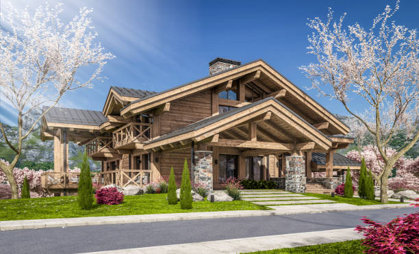 istock 3d rendering of modern cozy chalet in spring day 1370693747