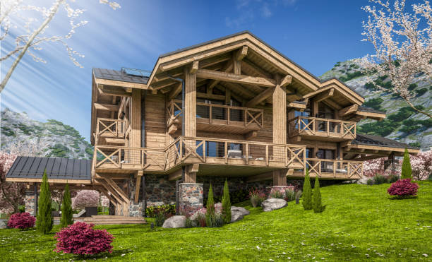 istock 3d rendering of modern cozy chalet in spring day 1370693757