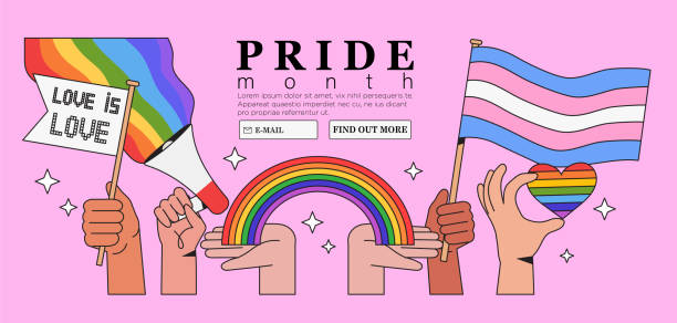 menschen halten megaphon und flaggen mit lgbt regenbogen und transgender-flagge während stolz monat feier gegen gewalt, deskrimination, menschenrechtsverletzungen. gleichheit und selbstbejahung. - pride month stock-grafiken, -clipart, -cartoons und -symbole