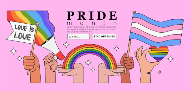 illustrations, cliparts, dessins animés et icônes de les gens tiennent le mégaphone et les drapeaux avec l’arc-en-ciel lgbt et le drapeau transgenre pendant la célébration de mois de fierté contre la violence, la décrimination, la violation des droits de l’homme. égalité et affirmation de soi. - pride