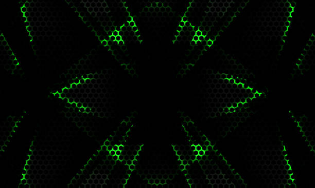 istock Black hexagon carbon fiber gaming abstract background with green geometric objects and shadows 1370694845