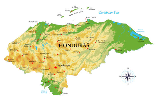 ilustraciones, imágenes clip art, dibujos animados e iconos de stock de mapa físico altamente detallado de honduras - tegucigalpa