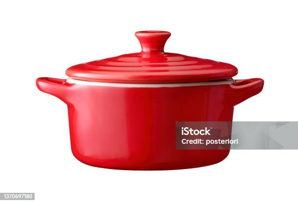 Red Cast Iron Enamel Frying Pan Dutch Oven Isolated On White Stock Photo - Download Image Now