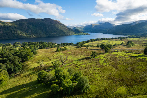 Panorama of Ullswater lake, Lake District, United Kingdom Aerial summer view of sunny surroundings of Ullswater lake, Lake District, United Kingdom cumbria photos stock pictures, royalty-free photos & images