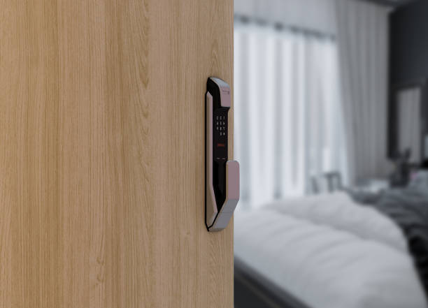 istock Digital door lock, key less system of access door. 1370699089