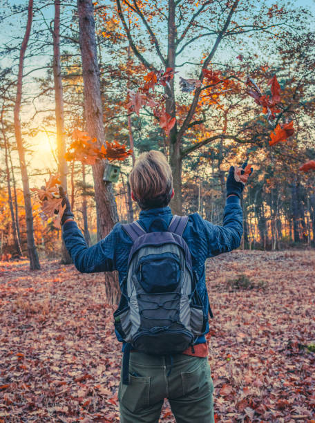 istock Man throws up autumn leaves in the forest. 1370700911