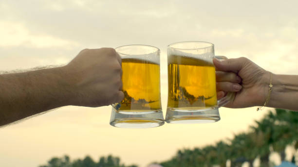 Friends clink beer glasses on the beach.