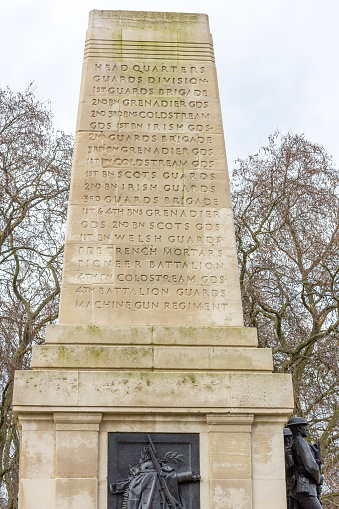 Guards Division War Memorial on Horse Guards Road in City of Westminster, London, with many visible names.