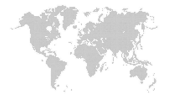 흰색 배경에 작은 검은 점으로 만든 세계지도 - world map stock illustrations