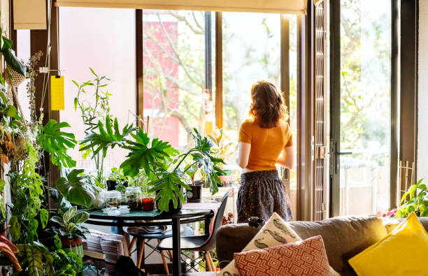 istock Woman at home standing by window on summer day 1370703402
