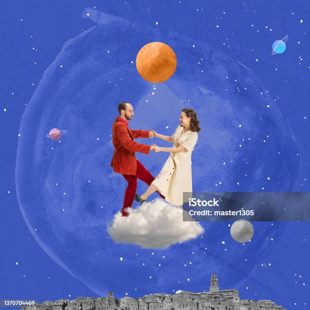 Retro Dance Couple Of Dancers Dressed In 70s 80s Fashion Style Dancing Rockandroll On Gray Cloud Isolated On Outer Space Background Contemporary Art Collage Minimalism Stock Photo - Download Image Now