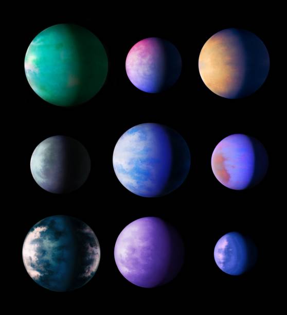 Collection of exoplanets of different colors and sizes stock photo