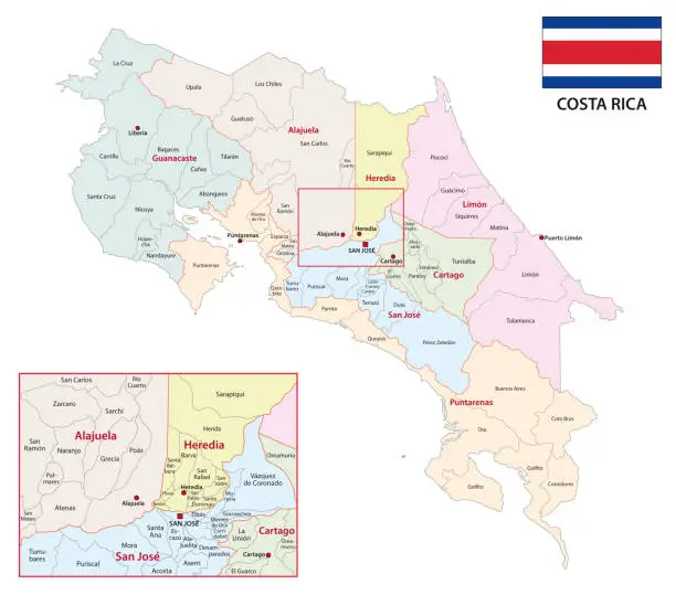Vector illustration of administrative vector map of the central american state of costa rica