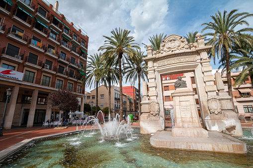 Joaquin Sorolla Bastida (1863-1923) Monument in Downtown District of Valencia, Spain, with people visible in the background. Bastida was a painter.