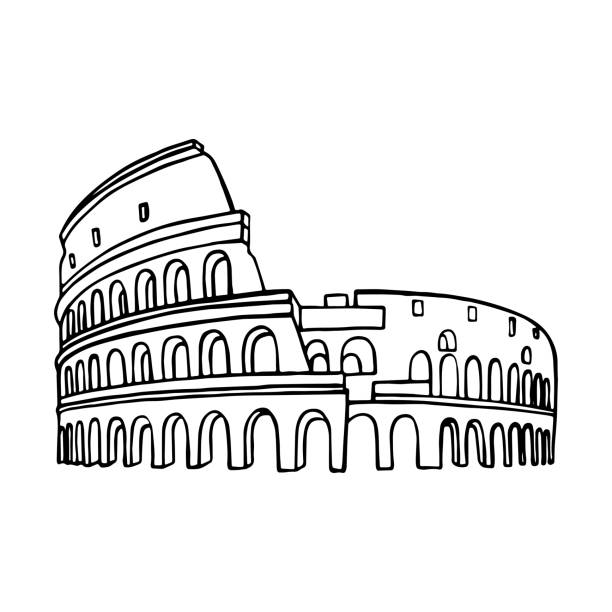 illustrazioni stock, clip art, cartoni animati e icone di tendenza di disegno del colosseo, illustrazione del colosseo a roma, italia. illustrazione vettoriale in bianco e nero - colosseo