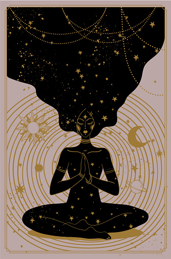 A mystical woman sits in a lotus position and meditates, a cosmic background with stars and planets, the concept of spiritual development, the search for a destiny. Vector illustration, poster