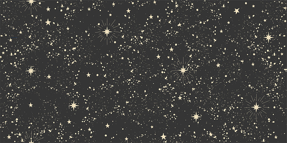 Seamless space boho pattern with stars on a black background for tarot, astrology. Mystical sky, abstract esoteric ornament for flyer, wallpaper, scrapbooking. Vector illustration
