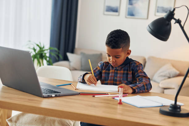 istock With laptop. Cheerful young boy is at home alone 1370711298