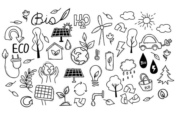 handgezeichnetes ökologie-icons-set. vektorillustration - kein plastik, grün werden, zero waste konzepte, reduzieren, wiederverwenden, abfall, ökologischer lebensstil. doodle eco iconsbig kollektion isoliert auf weißem hintergrund - environmental conservation recycling recycling symbol symbol stock-grafiken, -clipart, -cartoons und -symbole