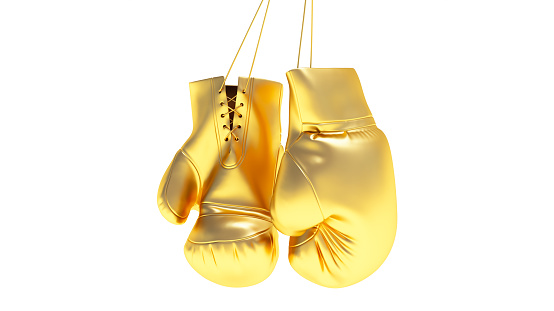 Hanging gold boxing gloves isolated on white background, 3d render