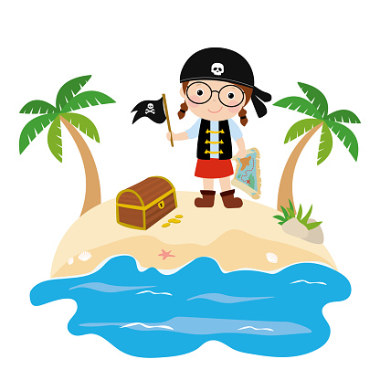 Funny kid girl pirate with flag and old map. Island treasure hunt. Cartoon child, female character. Cute preschooler dressed in pirate costume. Flag with skull and crossbones.