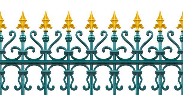 istock Old green and yellow wrought iron grating with floral decorations - seamless pattern, on white background for easy selection useful for renderings applications 1370714725