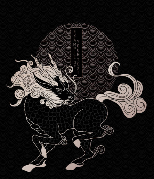 qilin,  simple wave pattern mythological creature - qilin, black and gold colours, simple wave pattern and circle form asian mythology stock illustrations