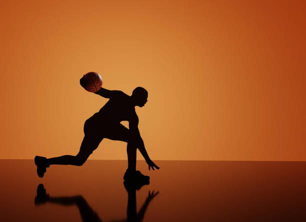 a basketball player with a ball in motion on a bright colored background 3d render