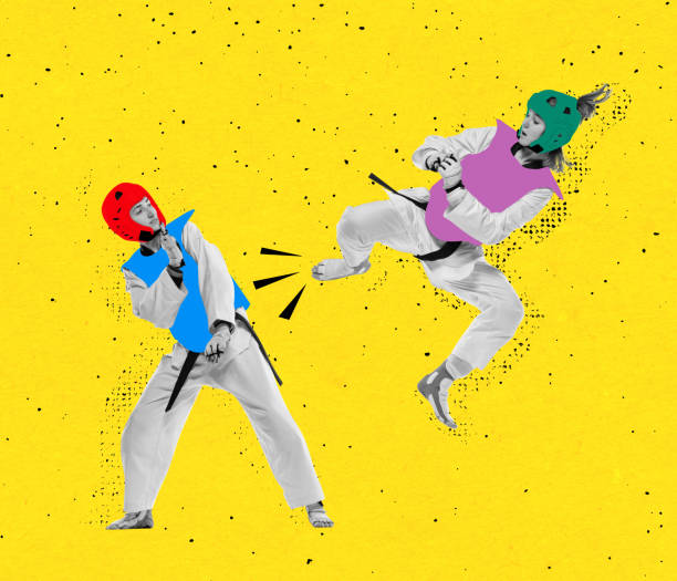 ritratto dinamico di due giovani donne, praticanti di taekwondo che si allenano insieme isolate su uno sfondo giallo al neon. collage creativo - extreme sports karate sport exercising foto e immagini stock