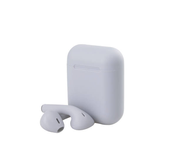 Grey headphones wireless earphones with case  isolated white background