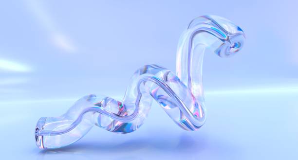 tubo espiral de arco iris de vidrio con efecto de dispersión, composición iridiscente de cristal, forma ondulada abstracta con gradiente holográfico, objeto líquido transparente aislado sobre fondo azul, ilustración de renderizado 3d - glass tube fotografías e imágenes de stock