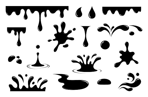 Oil drops icon set. Paint drips, machine oil spill, ink stains, water splash, current liquid drop. Isolated black silhouette on white background. Vector