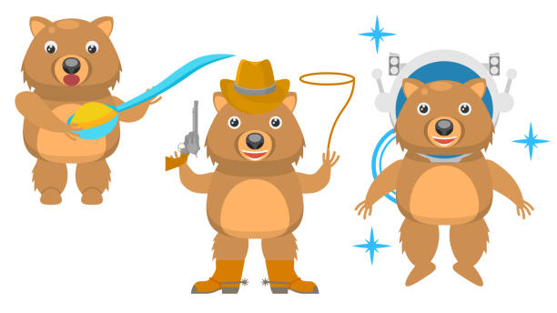 istock Set Abstract Collection Flat Cartoon Different Animal Wombat Eating With A Big Spoon, Cowboy With Revolver Lasso Boots And Hat, Astronaut In Helmet Vector Design Style Elements Fauna Wildlife 1370719893