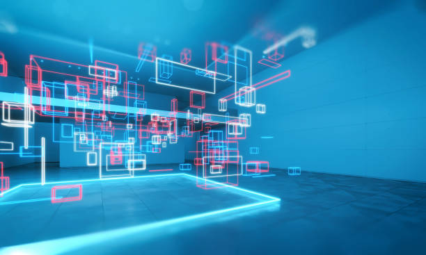 istock Large stage illuminated by blue lights with floating glowing blocks of abstract data 1370721417