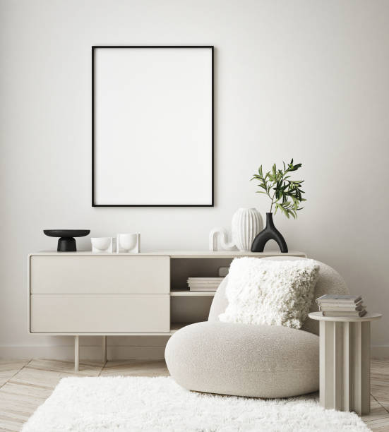 mock up poster frame in modern interior background, living room, scandinavian style, 3d render, 3d illustration - 1599 imagens e fotografias de stock