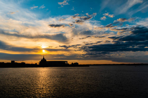 istock Dramatic colorful golden susnet sky over the Volga river 1370722286