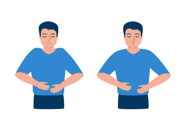 Man is doing breathing exercise, deep breath, exhale and inhale. Breathing exercise. Healthy yoga and relaxation. Vector illustration Man is doing breathing exercise, deep breath, exhale and inhale. Breathing exercise. Healthy yoga and relaxation. Vector exhaling stock illustrations