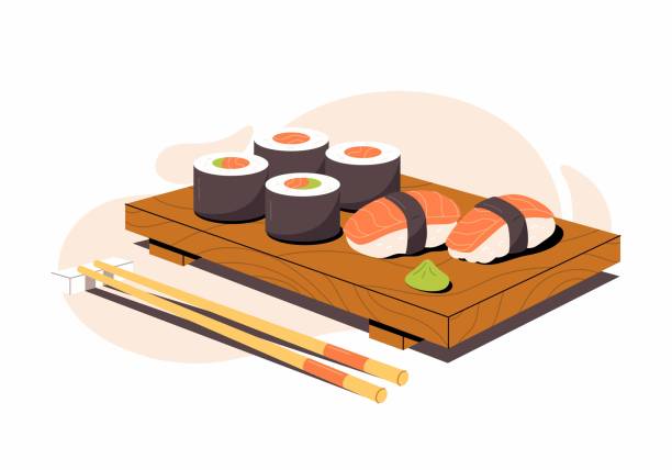 illustrazioni stock, clip art, cartoni animati e icone di tendenza di illustrazione vettoriale di sushi e sashimi. sushi di cibo asiatico su tavola di legno con sushi - sushi sashimi nigiri salmon