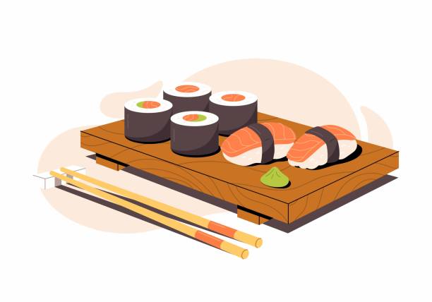 ilustrações de stock, clip art, desenhos animados e ícones de vector illustration of sushi and sashimi. asian food sushi on wooden board with sushi - sushi sashimi nigiri salmon